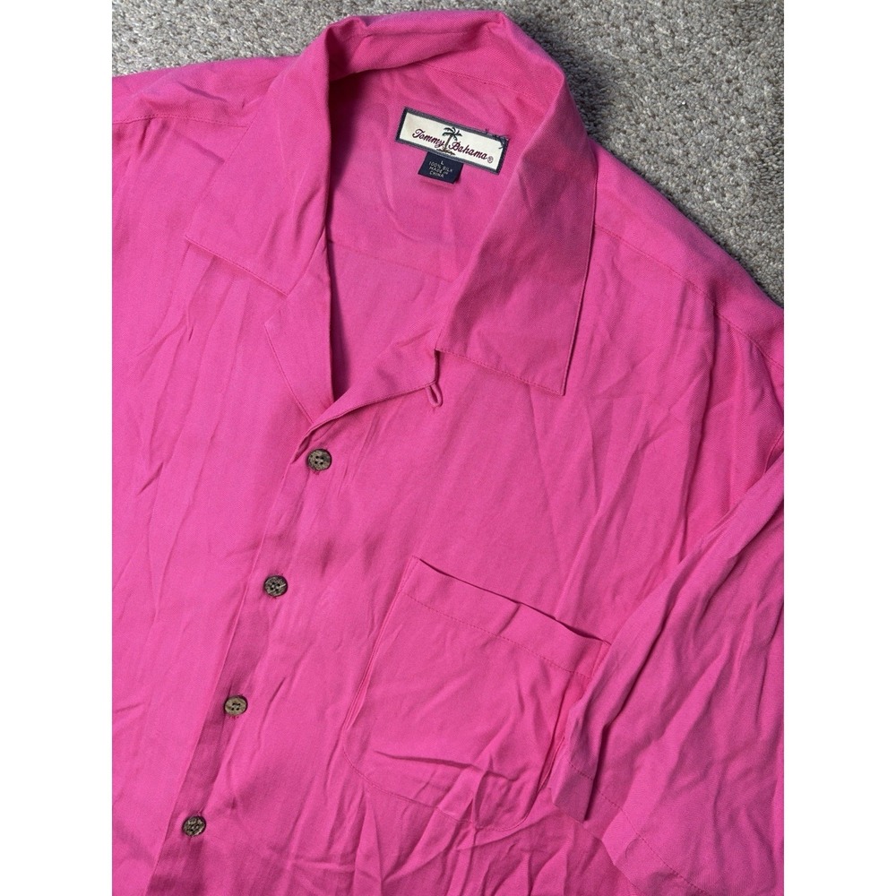 Tommy Bahama Silk Button Up Shirt Short Sleeve Men's Large Solid‎ Pink Hawaiian